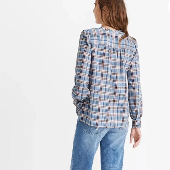 Madewell size XS Leysfield Plaid Popover Blouse Shirt Blue Linen Blend Fall - Picture 2 of 6
